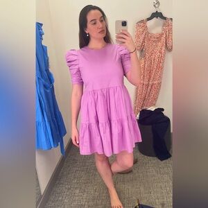 English Factory Pleated Puff Sleeve Tiered Cotton Minidress in Lilac